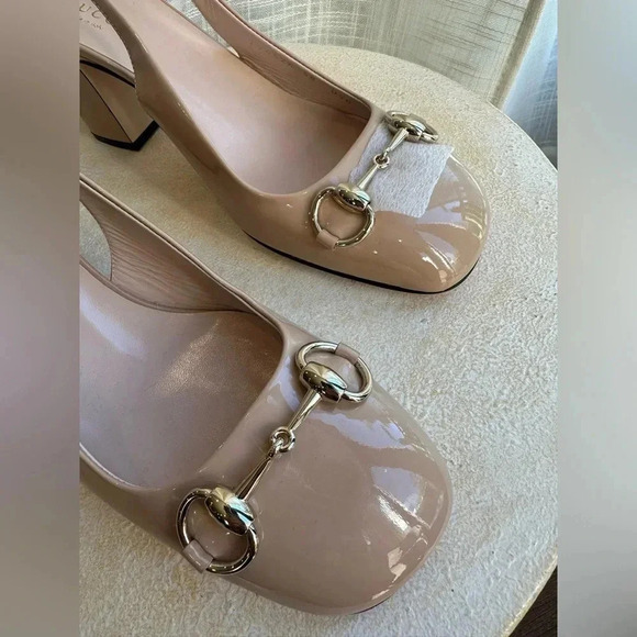 New Gucci Nude Patent Leather Slingback Block Heel, Lady Tan Horsebit Size 8 US - Picture 5 of 13